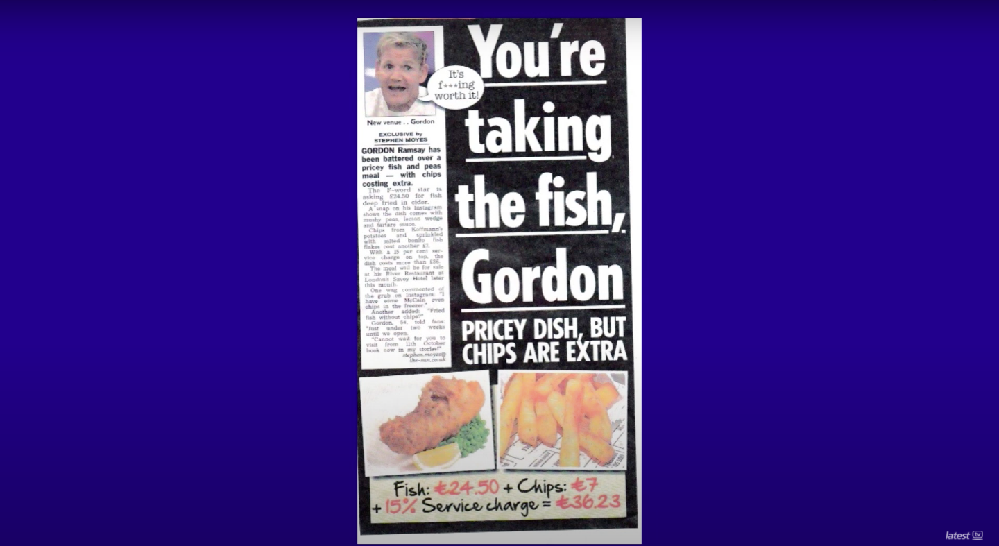 Newspaper article titled "youre taking the fish, gordon"
