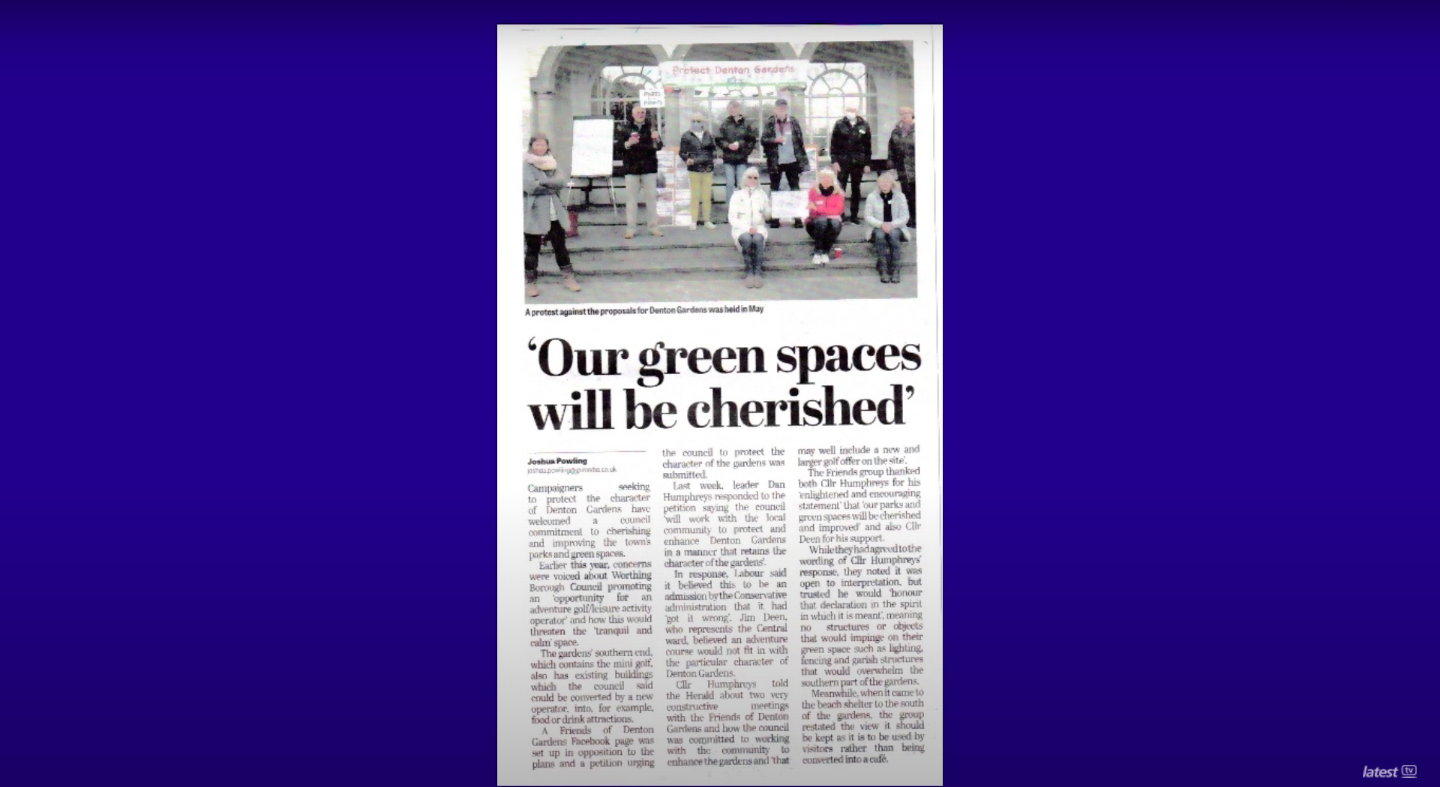 A newspaper article titled 'Our Green Spaces Will be Cherished'