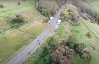 A drone photograph of cyclists riding from brighton to glasgow to visit the COP26 conference