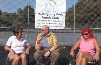 Reporter Andrew Kay talks with members of the Hollingbury Park Tennis Club