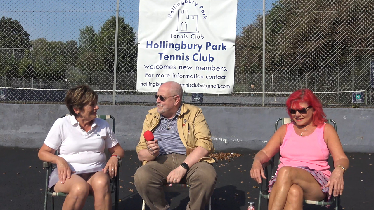 Reporter Andrew Kay talks with members of the Hollingbury Park Tennis Club