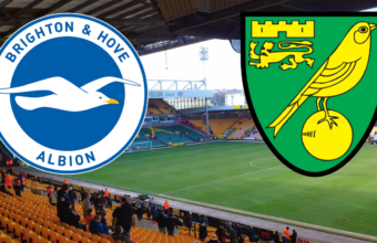 Brighton & Hove Albion logo and Norwich City logo in front of image of Norwich football stadium