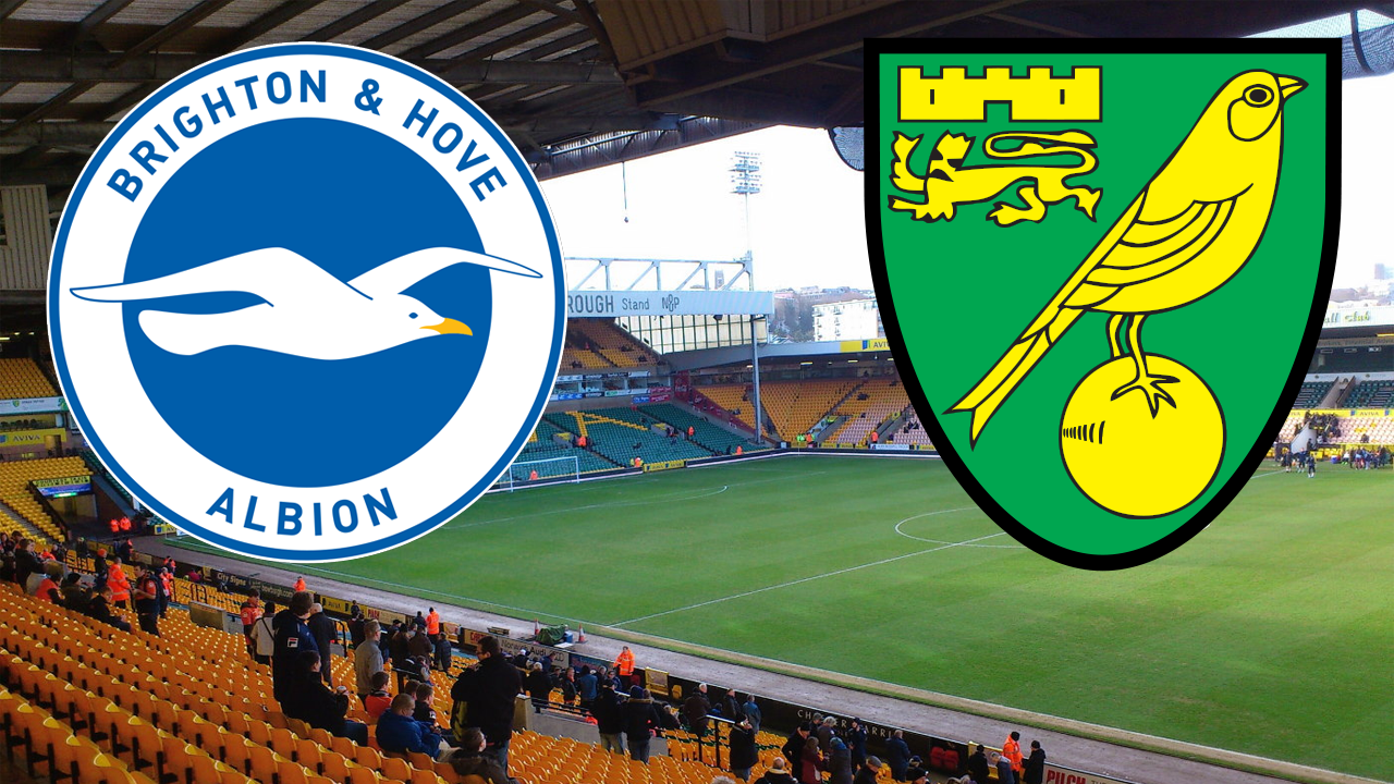 Brighton & Hove Albion logo and Norwich City logo in front of image of Norwich football stadium