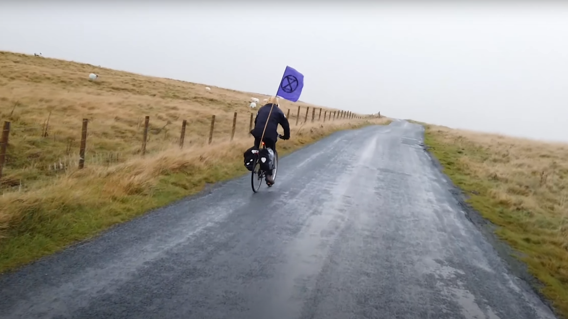 Image of lone cyclist with Extinction Rebellion flag on a desolater road in Cumbria, photographer unknown
